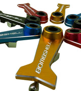 Bombshell Chain Tensioners Pro by SSS Racing, anodized aluminum in yellow, blue, red with black bushings, SSS Racing logo!