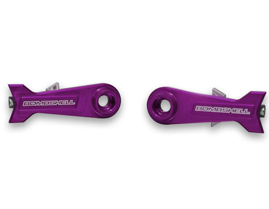 Bombshell Chain Tensioners Pro by SSS Racing in vivid purple anodized aluminum, design with silver mounting hardware logo.