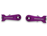 Bombshell Chain Tensioners Pro by SSS Racing in vivid purple anodized aluminum, design with silver mounting hardware logo.