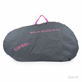 Bombshell Bike Bag by SSS Racing: charcoal grey nylon with pink text, purple handle, Eliza Powell branding: Ride With Us.