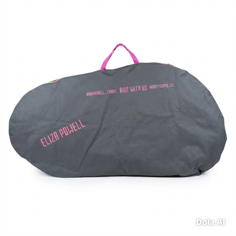 Bombshell Bike Bag by SSS Racing: charcoal grey nylon with pink text, purple handle, Eliza Powell branding: Ride With Us.