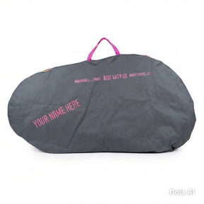 Bombshell Bike Bag by SSS Racing in gray nylon with pink handles, pink lettering, name area and ride-with-us graphic design