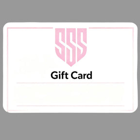 SSS Racing Gift Cards: pink shield logo, pale pink border, white card stock, gold-tinted edges, sleek modern typography!