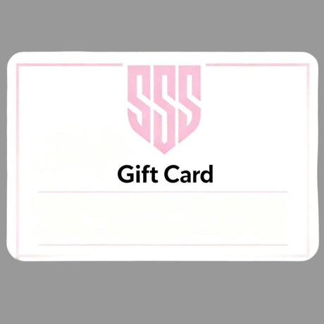 SSS Racing Gift Cards: pink shield logo, pale pink border, white card stock, gold-tinted edges, sleek modern typography!