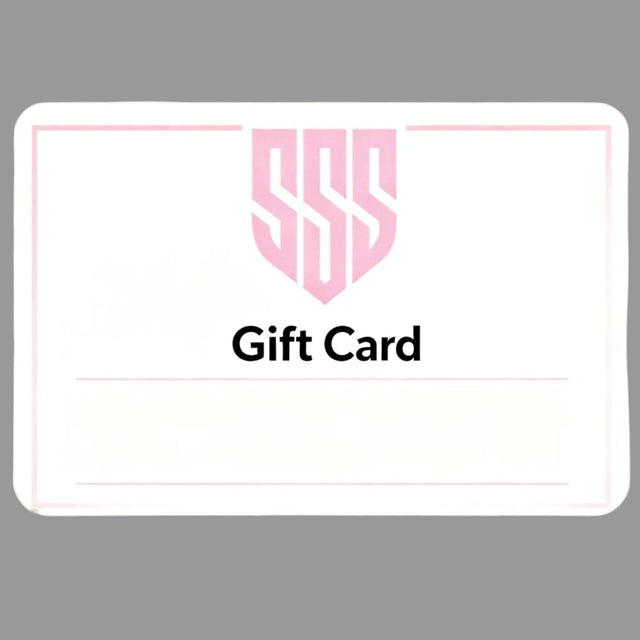 SSS Racing Gift Cards: pink shield logo, pale pink border, white card stock, gold-tinted edges, sleek modern typography!