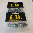 ID Cr-Mo Chainring Bolts by SSS Racing: silver zinc-plated steel hex bolts in clear bag with bold yellow logo. polished.