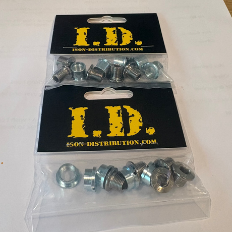 ID Cr-Mo Chainring Bolts by SSS Racing: silver zinc-plated steel hex bolts in clear bag with bold yellow logo. polished.