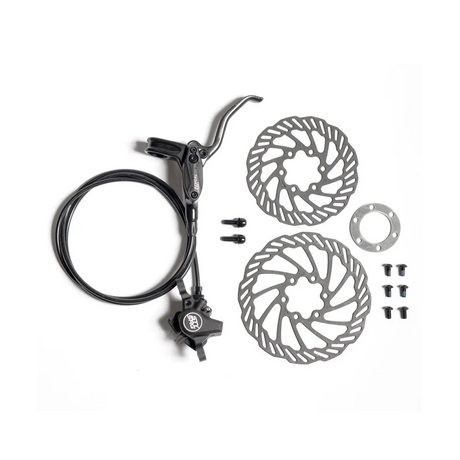 Staystrong Black Disc Brake Kit with black lever, two silver rotors, mounting plate, bolts and cable for precise braking.