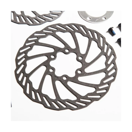 Staystrong Black Disc Brake Kit showcases a round black rotor with intricate cutouts, vented spokes, and mounting holes now.