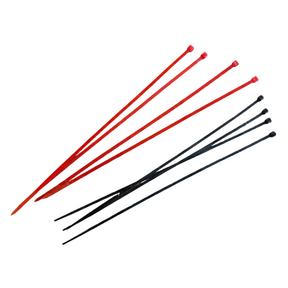 BMX Transponder Fastening Kit - Cable Ties: red and black zip ties with square heads, arranged diagonally on white background