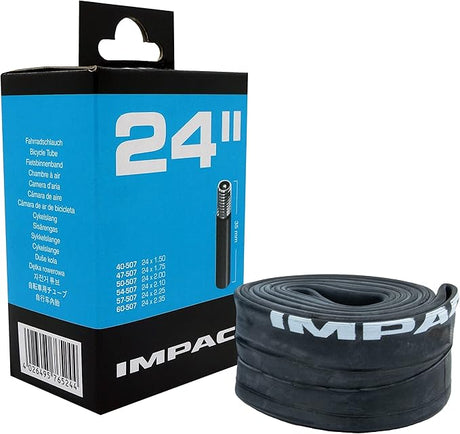 SSS Racing Impac Inner Tube Schrader Valve 24” Cruiser, black rubber tube with brass valve stem, blue packaging box label.