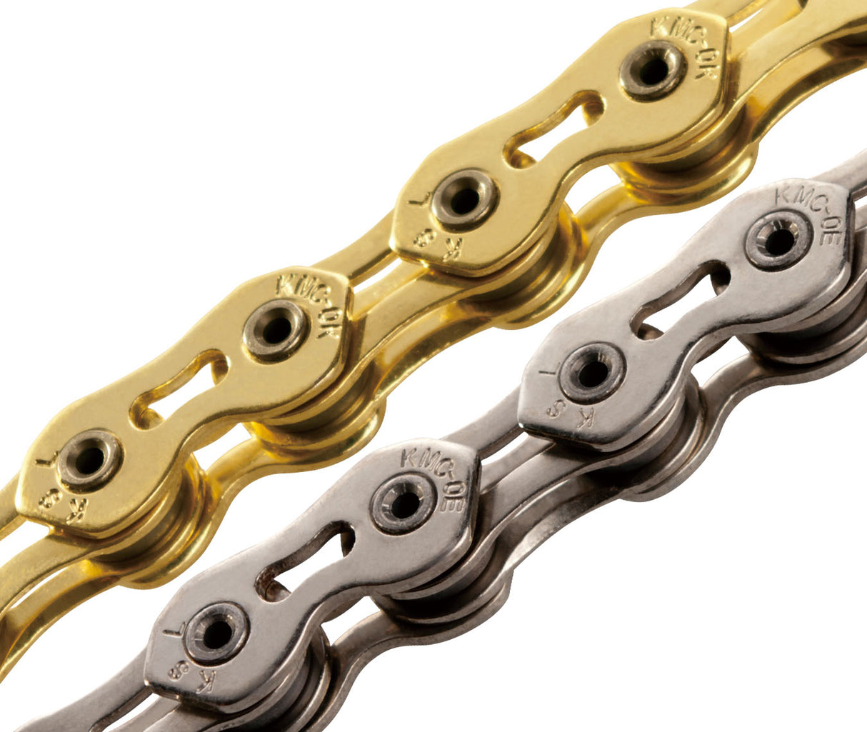 SSS Racing KMC K1SL-N 3/32" Hollow Pin Chain with gold and silver plated links, polished metal pins, macro close-up detail.