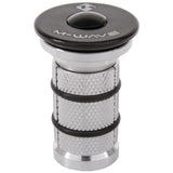 M Wave Compression Plug 1-1/8" For Carbon Forks SSS Racing, silver aluminum body with knurled grip and black rubber O-rings.