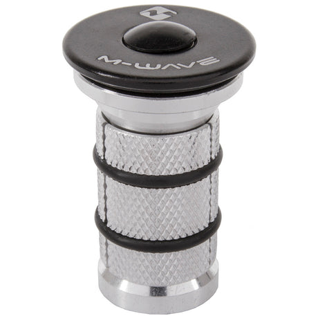 M Wave Compression Plug 1-1/8" For Carbon Forks SSS Racing, silver aluminum body with knurled grip and black rubber O-rings.