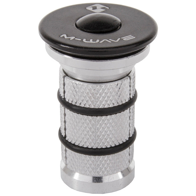 M Wave Compression Plug 1-1/8" For Carbon Forks SSS Racing, silver aluminum body with knurled grip and black rubber O-rings.