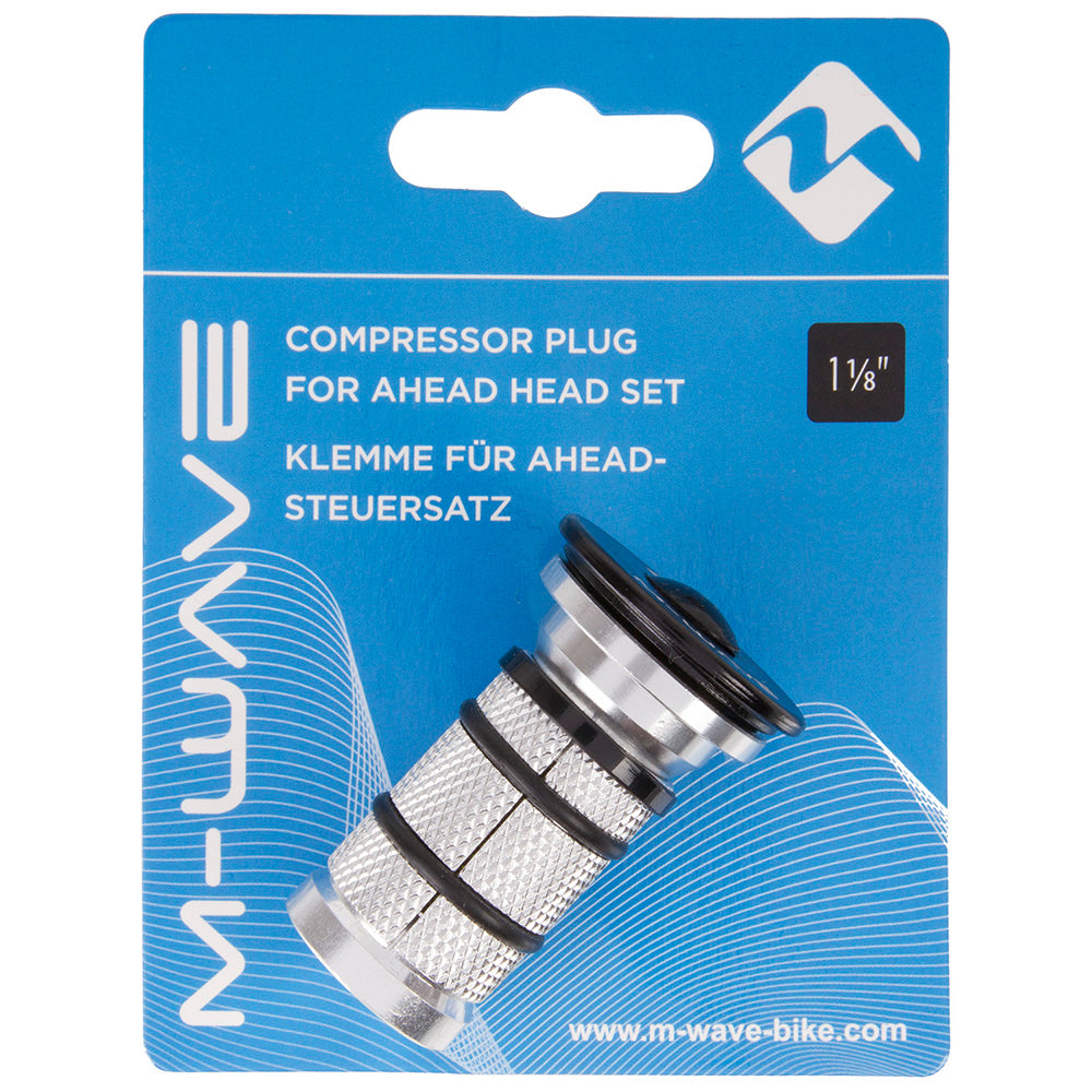 SSS Racing M Wave Compression Plug 1-1/8" For Carbon Forks, silver knurled aluminum body with black O-rings, chrome cap, blue