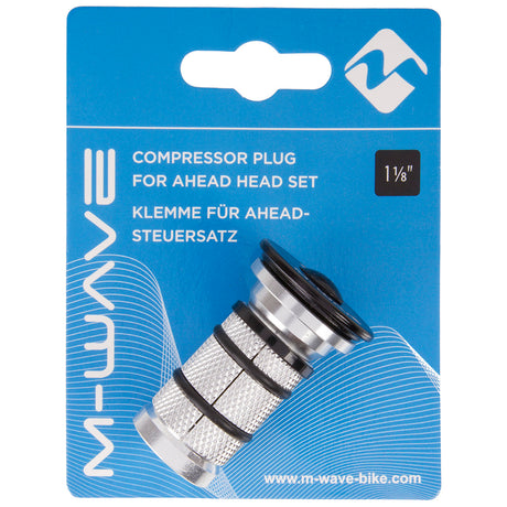SSS Racing M Wave Compression Plug 1-1/8" For Carbon Forks, silver knurled aluminum body with black O-rings, chrome cap, blue
