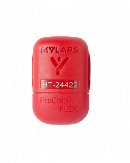 Red MyLaps ProChip FLEX device on a white background