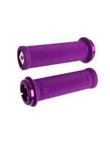 ODI Ruffian Mini Grips in purple pair of cylindrical knurled grips with fine texture and dark metal end caps truly compact