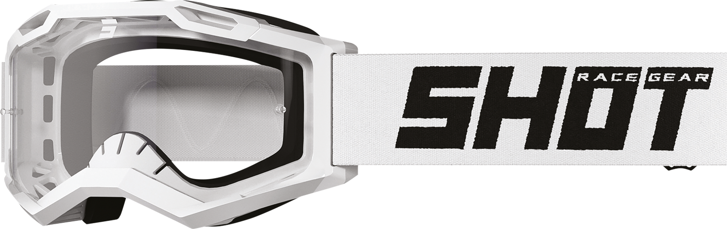 SHOT Racegear Rocket Kids 2.0 Goggles with white frame and white strap, clear polycarbonate lens, SSS Racing branding solid