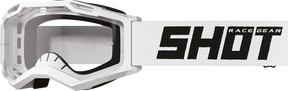SHOT Racegear Rocket Kids 2.0 Goggles with white frame and white strap, clear polycarbonate lens, SSS Racing branding solid