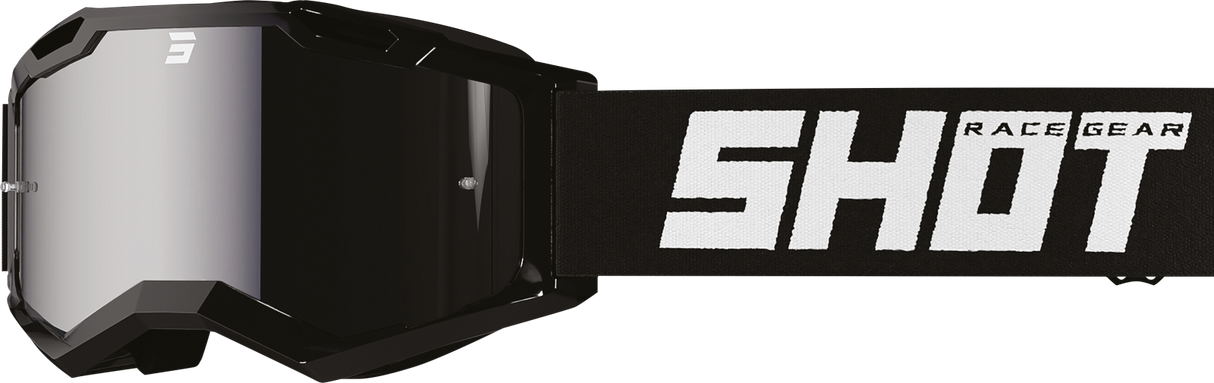 SHOT Racegear Rocket Kids 2.0 Goggles—SSS Racing black matte frame, mirrored lens, adjustable strap, white SHOT logo glossy.