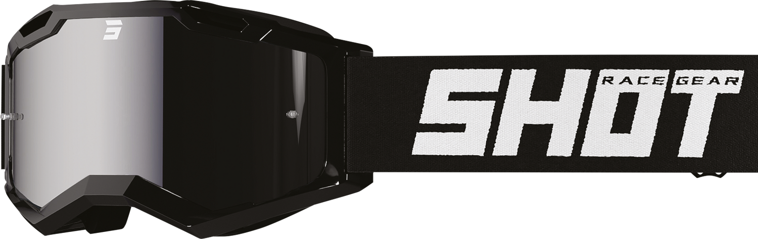 SHOT Racegear Rocket Kids 2.0 Goggles—SSS Racing black matte frame, mirrored lens, adjustable strap, white SHOT logo glossy.