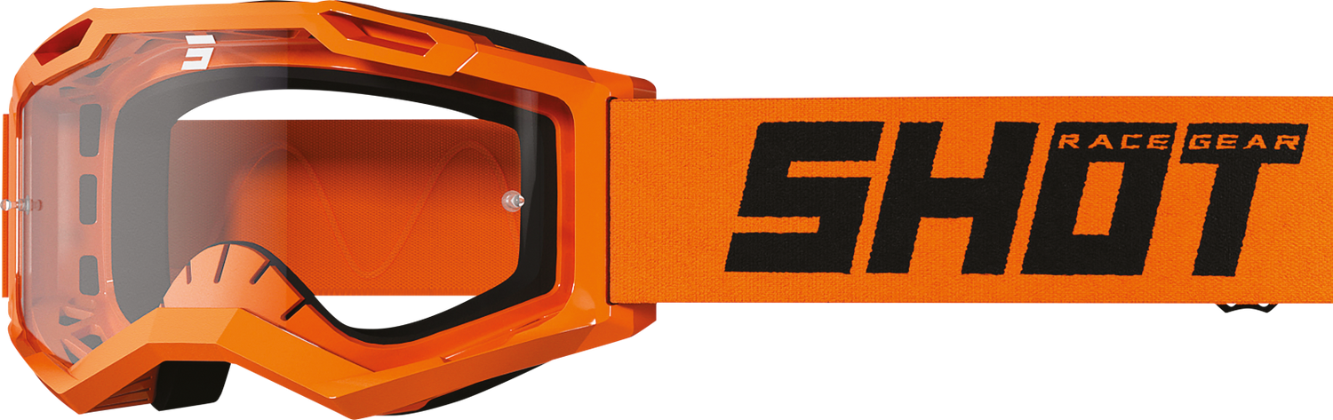SHOT Racegear Rocket Kids 2.0 Goggles, orange frame and strap, orange polycarbonate lens, black foam, SSS Racing branding.