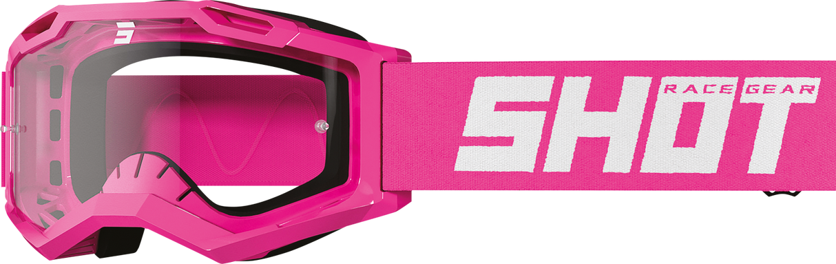 SHOT Racegear Rocket Kids 2.0 Goggles by SSS Racing hot pink polycarbonate frame, wide clear lens, pink strap with SHOT logo