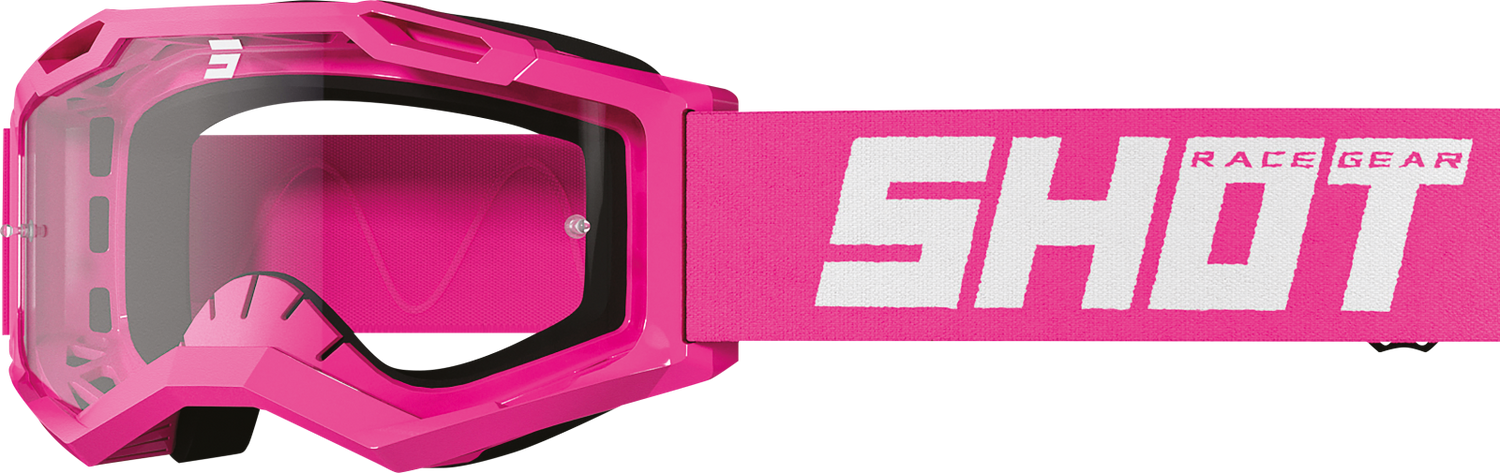 SHOT Racegear Rocket Kids 2.0 Goggles by SSS Racing hot pink polycarbonate frame, wide clear lens, pink strap with SHOT logo