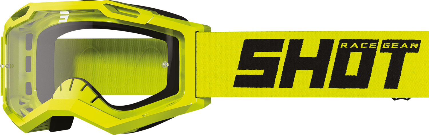 SHOT Racegear Rocket Kids 2.0 Goggles with neon yellow frame, clear lens, silicone strap, foam padding, SSS Racing branding