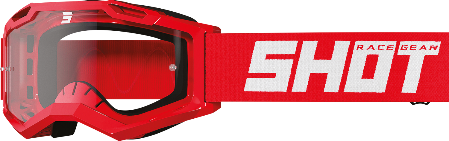SHOT Racegear Rocket Kids 2.0 Goggles feature red polycarbonate frame, clear lens, red strap, SSS Racing branding for kids.
