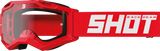 SHOT Racegear Rocket Kids 2.0 Goggles feature red polycarbonate frame, clear lens, red strap, SSS Racing branding for kids.