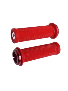 ODI Ruffian Mini Grips in bright red with textured knurling, cylindrical barrels and black circular end caps with logo emblem