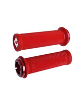 ODI Ruffian Mini Grips in bright red with textured knurling, cylindrical barrels and black circular end caps with logo emblem