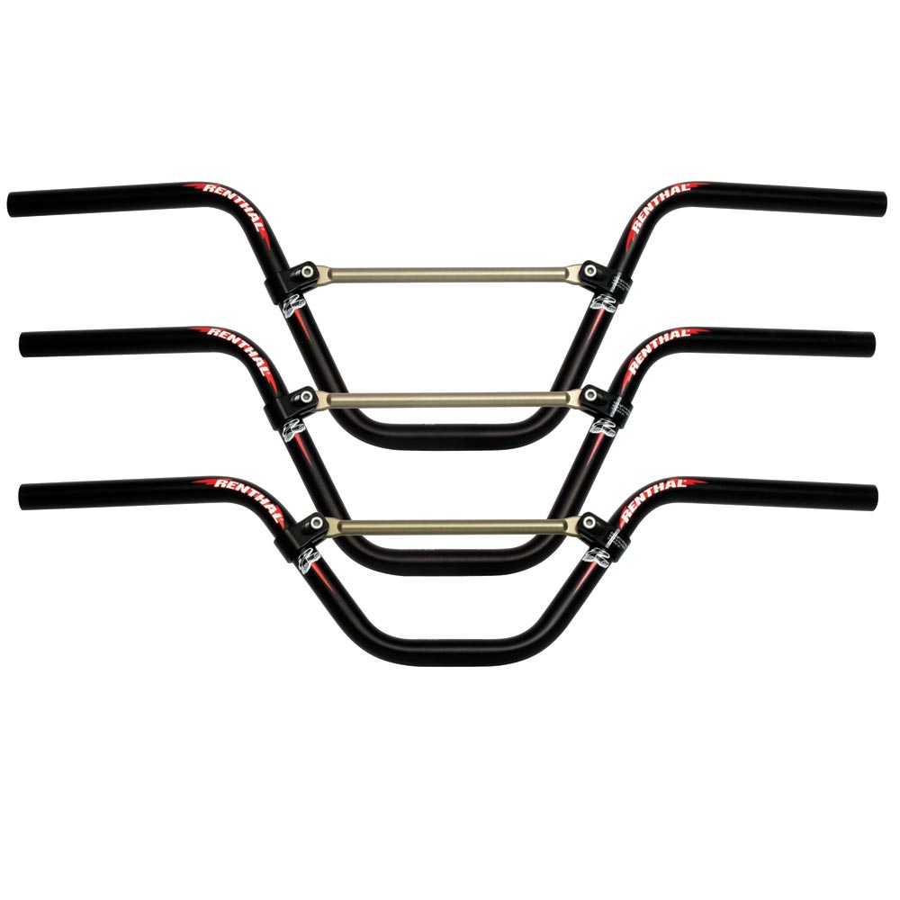 Renthal Moto Bars by SSS Racing: black aluminum handlebars, triple-bend shape, gold cross-brace, anodized finish durable!!
