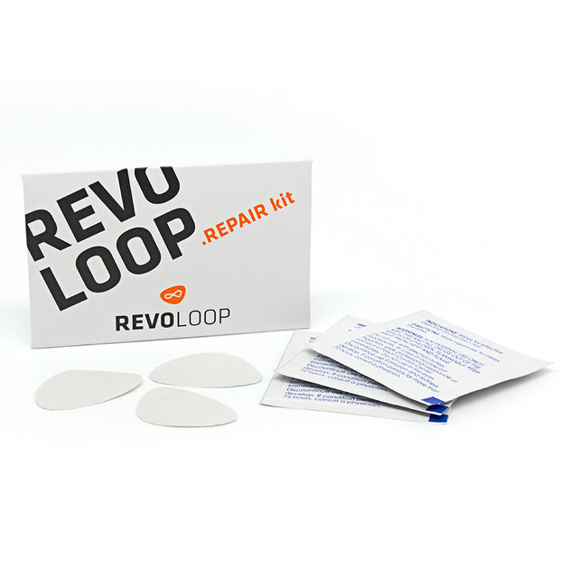 SSS Racing Revoloop Inner Tube Repair Kit TPU in white box, bold logo, orange REPAIR KIT text, and white patches included.