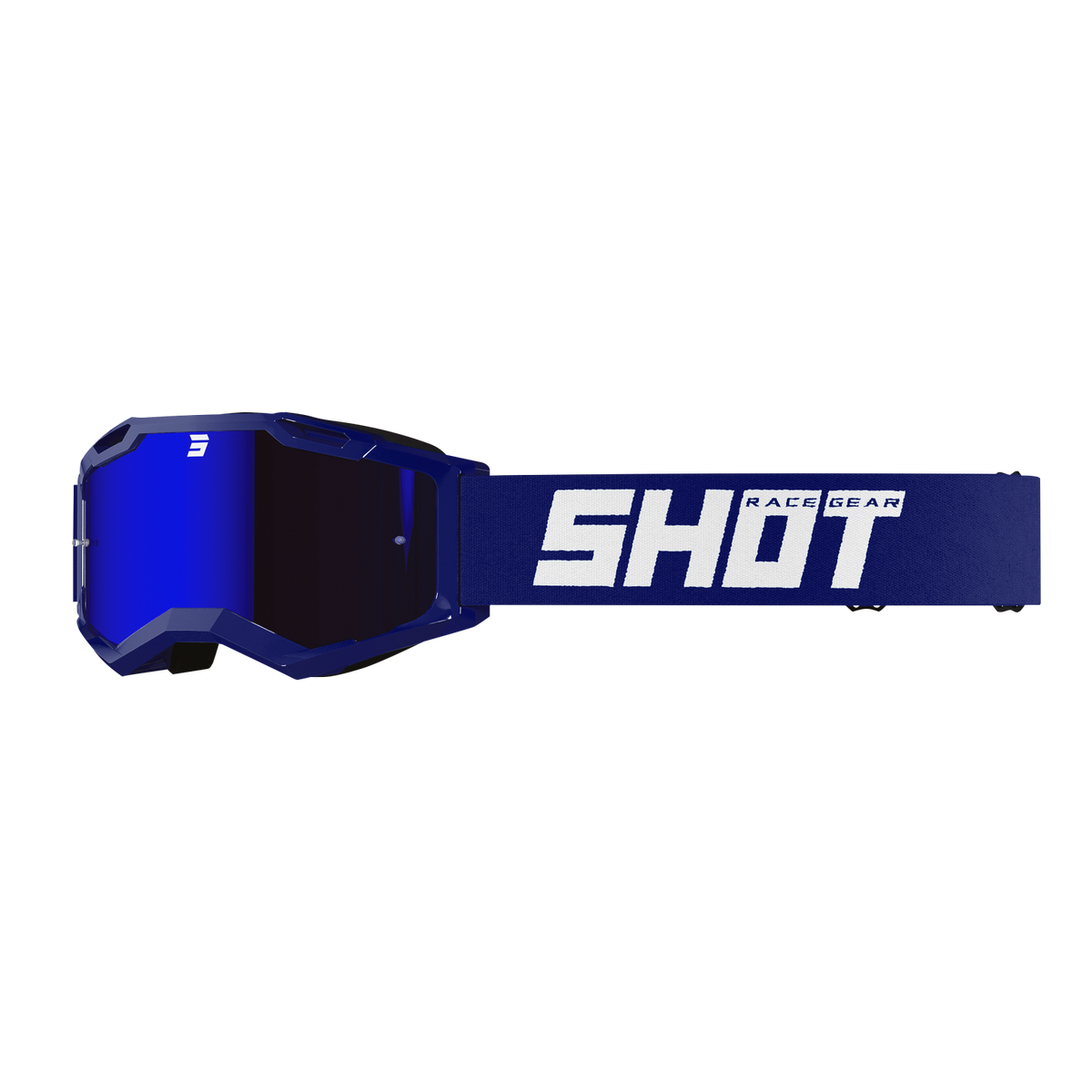 SHOT Racegear Rocket Kids 2.0 Goggles with royal blue frame, dark mirrored lens, and a wide blue strap with SHOT logo mark