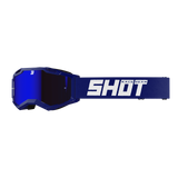 SHOT Racegear Rocket Kids 2.0 Goggles with royal blue frame, dark mirrored lens, and a wide blue strap with SHOT logo mark