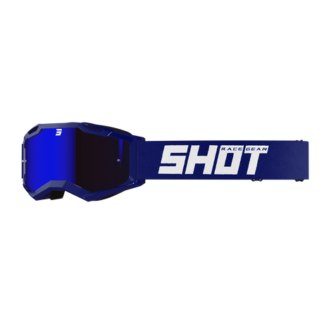 SHOT Racegear Rocket Kids 2.0 Goggles with royal blue frame, dark mirrored lens, and a wide blue strap with SHOT logo mark