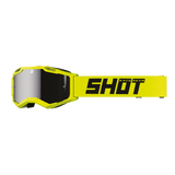 SHOT Racegear Rocket Kids 2.0 Goggles: neon yellow frame and strap, mirrored silver lens, hexagon shape, bold black logo.