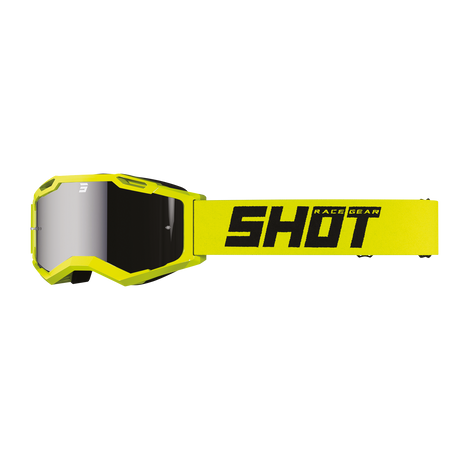 SHOT Racegear Rocket Kids 2.0 Goggles: neon yellow frame and strap, mirrored silver lens, hexagon shape, bold black logo.