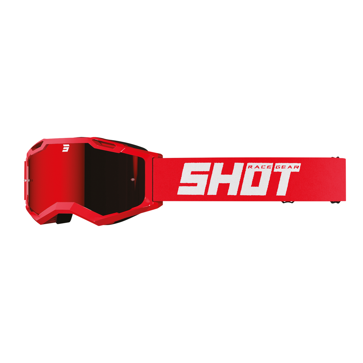 SHOT Racegear Rocket Kids 2.0 Goggles feature a red angular frame, dark mirrored lenses, and a red strap with SHOT logo!