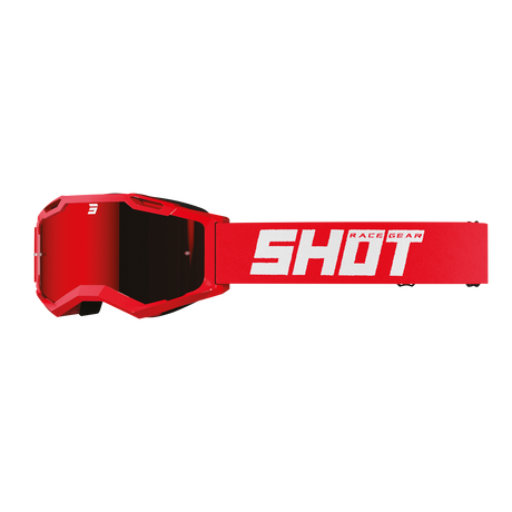 SHOT Racegear Rocket Kids 2.0 Goggles feature a red angular frame, dark mirrored lenses, and a red strap with SHOT logo!