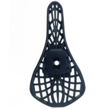 Yoshoka Pivotal Saddle / Seat in black, elongated oval with cutout lattice pattern and slim ribbed rails, glossy.