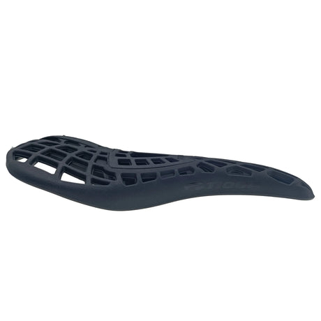 Yoshoka Pivotal Saddle / Seat in dark black featuring a lattice-grid top, slim oval shape, contoured edges and hollow cutouts