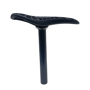 Yoshoka Pivotal Saddle / Seat With Post, sleek black ergonomic saddle with lattice cutouts, mounted on a glossy seat post