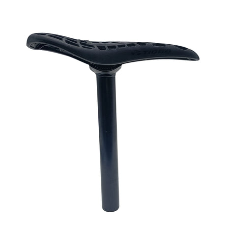 Yoshoka Pivotal Saddle / Seat With Post, sleek black ergonomic saddle with lattice cutouts, mounted on a glossy seat post