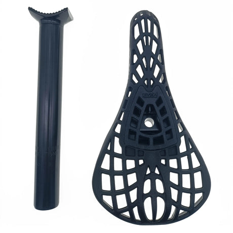 Yoshoka Pivotal Seat Post Aluminium, dark blue cylindrical post with ridged clamp beside a navy lattice saddle, close-up.