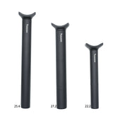 Yoshoka Pivotal Seat Post Aluminium, black post with serrated curved clamps, white logo along shaft, three sizes shown.!